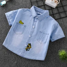 Джинсовая рубашка с короткими рукавами для мальчиков г., новая летняя голубая детская джинсовая рубашка мягкая детская рубашка с рисунком