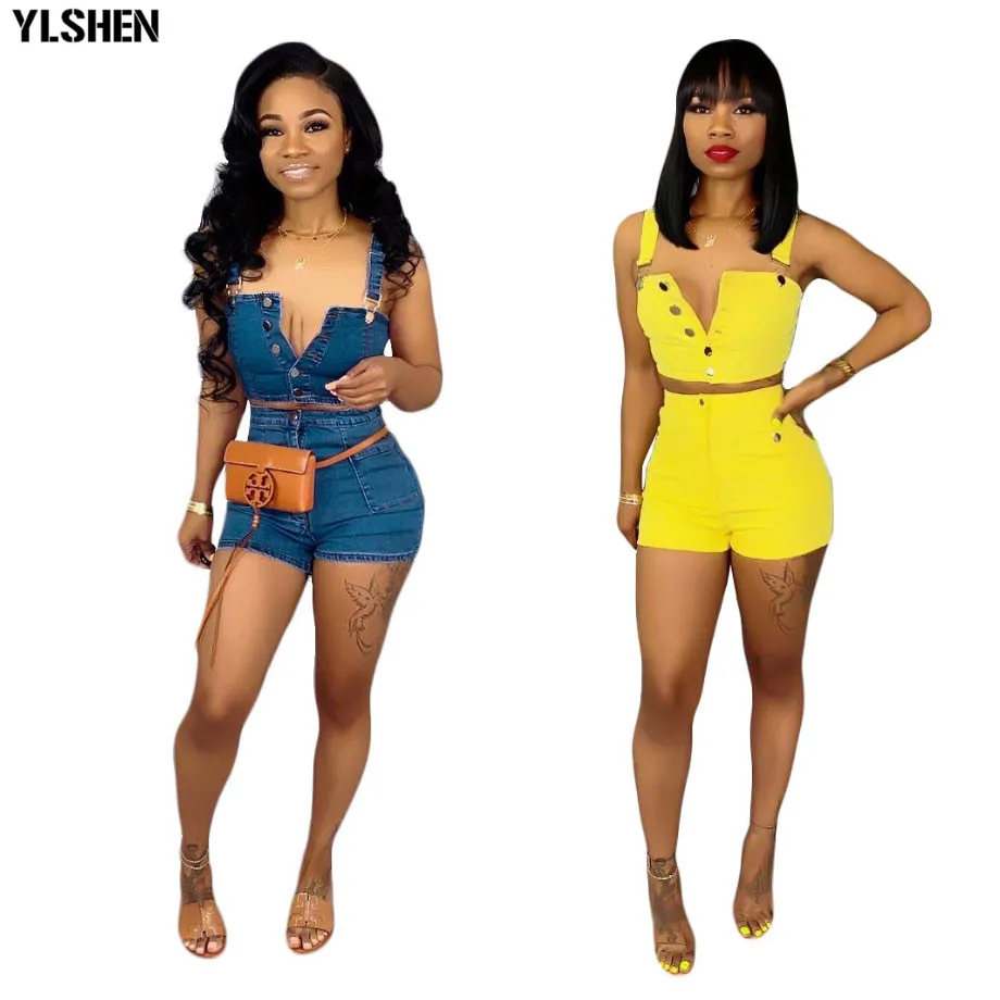 

Plus Size 2 Two Piece Set Women Jeans Shorts Tracksuit Sets Sexy Summer Denim Crop Tops + Shorts Suit Outfits Overalls 2019