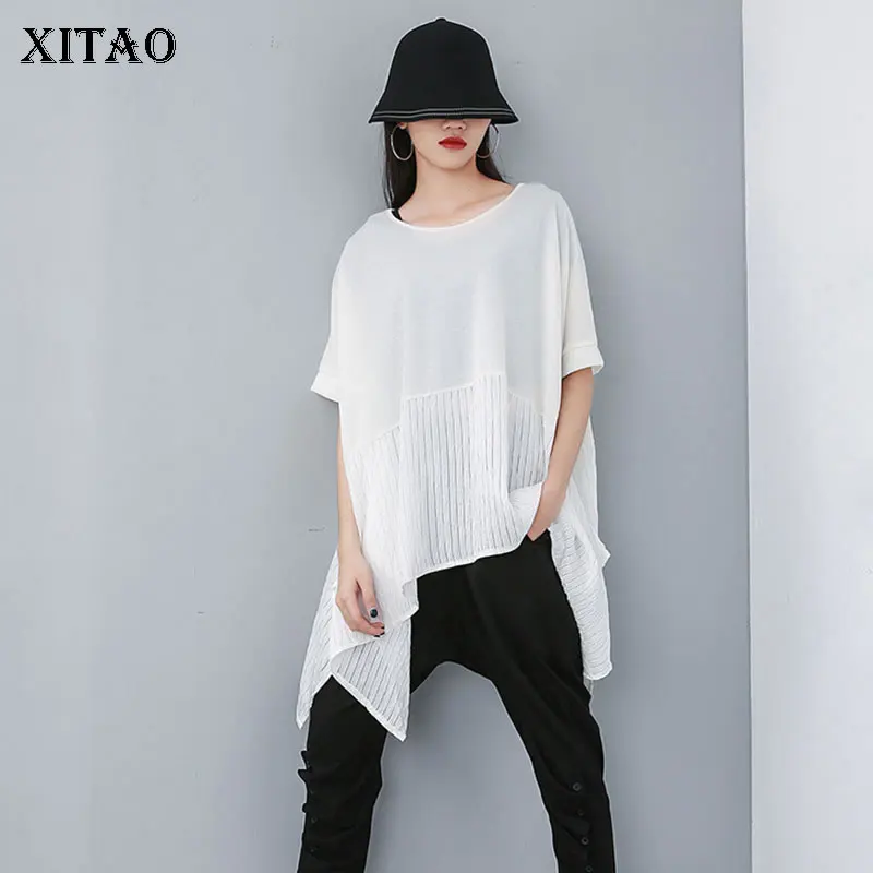 

XITAO Personality Irregular White Long Tshirt Pullover Patchwork Batwing Sleeve Street Summer Clothes for Women 2019 New ZQ1436