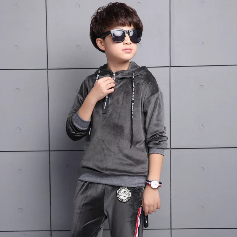 ملابس الأطفال 2018 جديد الأطفال الدعاوى الشباب معطف بقلنسوة اثنين من قطعة الاطفال الصبي مجموعة ملابس رياضية رمادي أسود 4-14ages