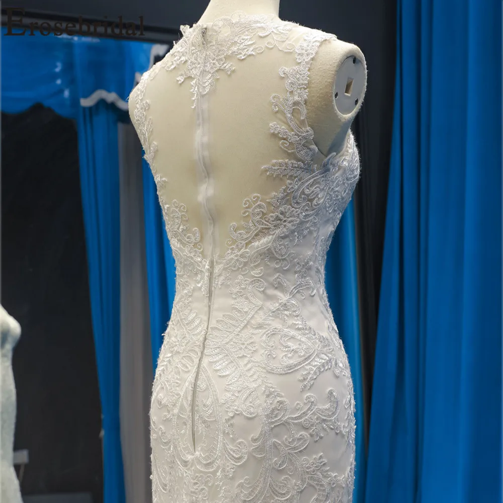 Erosebridal кружевное свадебное платье русалки реальное изображение свадебное платье с часовым шлейфом Элегантный v-образный вырез и Иллюзия молния сзади