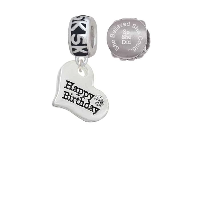 Silvertone Large Happy Birthday Heart 5K Run She Believed She Could Charm Beads (Set of 2)