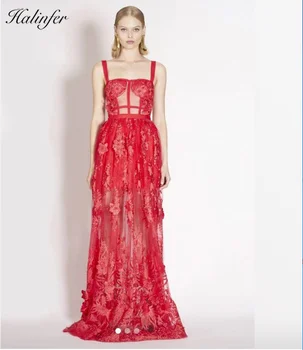 

Halinfer 2019 Women Sexy Sleeveless Dresses Female Lace Dress See Through Casual Elegant Club Dress