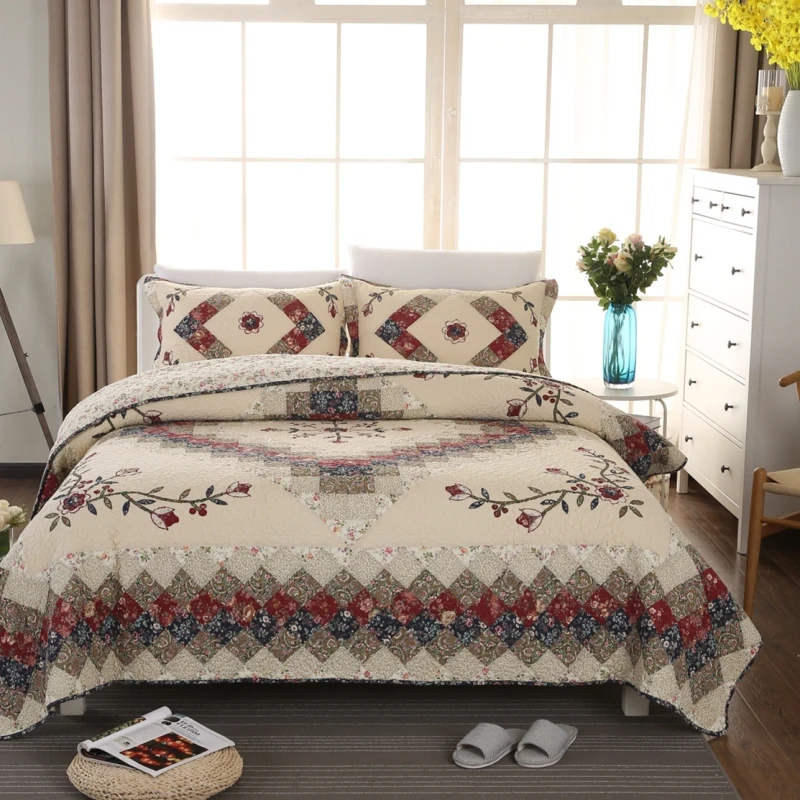 

Free shipping lattice plaid embroidered style 3pcs patchwork quilt full/queen king super king size aircondition bedspread bubu