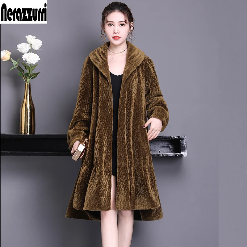 Nerazzurri Real fur coat women winter 2018 long large size oversize sheep fur jacket 5xl 6xl 7xl warm sheared lamb fur overcoat