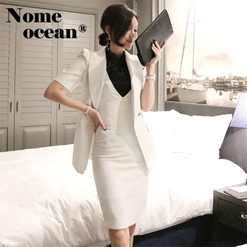 

Double Breasted Suit Jackets and Dress Set Office Lady Striped Blazers 2018 Summer V-neck Empire OL Dress Suit Coats M18051801