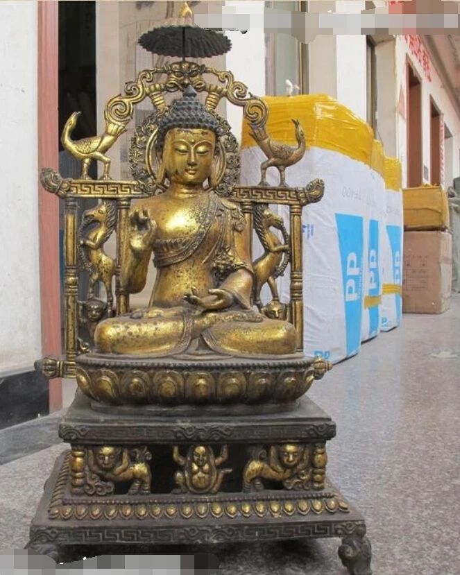 

30"Nepal Buddhism Vintage Bronze Gild carved Sakyamuni Ru Lai Buddha Statue