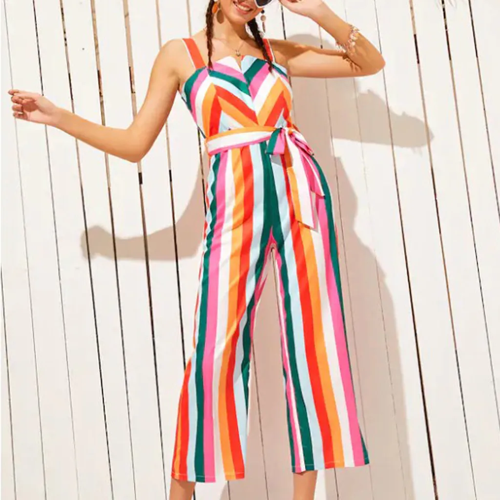 

jumpsuits women rompers high waist Fashion Sexy Women Multicolor Stripe Rainbow Sleeveless Easy Camisole Jumpsuit female body