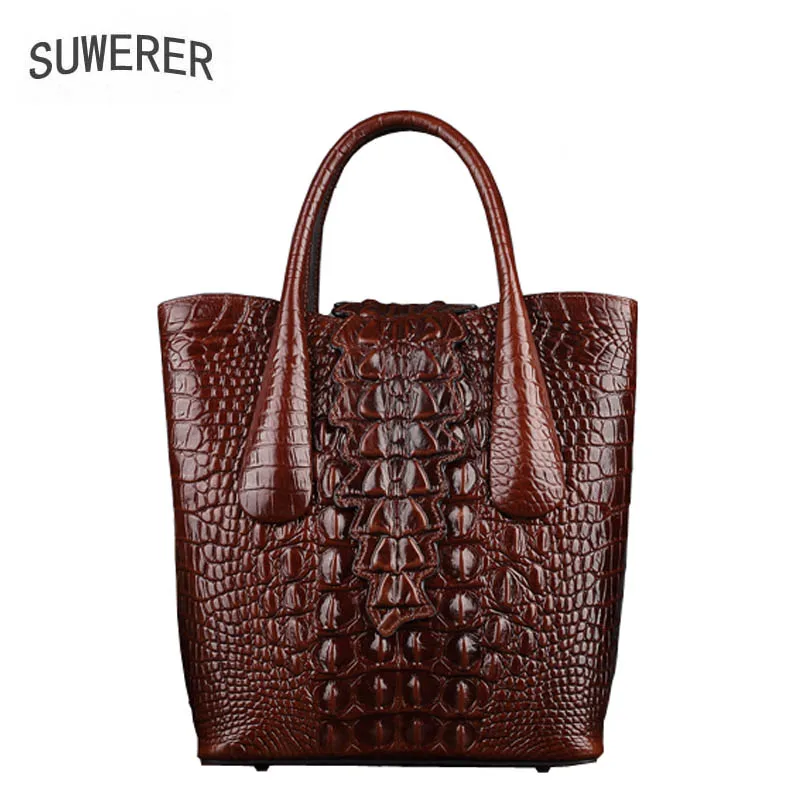 

SUWERER 2019 New Luxury women genuine leather bag brands top cowhide Crocodile pattern fashion tote women leather handbags bag