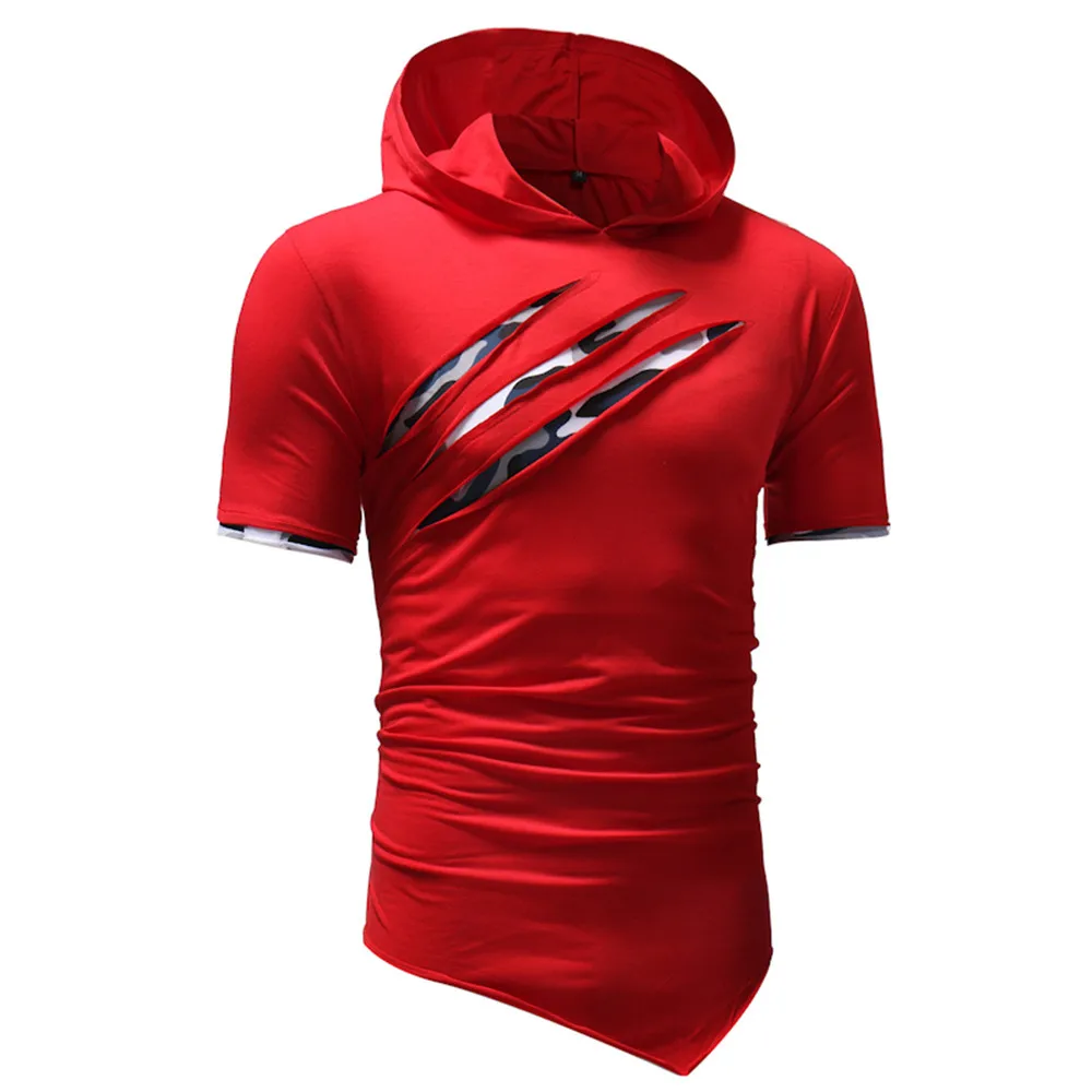 

Men Hoodies Fashion Solid Color Patchwork Camouflage Short Sleeve Sweatshir irregular Hem Hoodies Men's Thicken Clothes summer