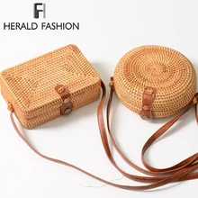 

Herald Fashion 2018 Round Straw Bags Women Summer Rattan Bag Handmade Woven Beach Cross Body Bag Circle Bohemia Handbag Bali