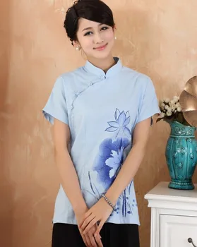

Blue Chinese Fashion Women's clothing Linen Blouses Shirt tops flower Plus Size S M L XL XXL XXXL 4XL 2373