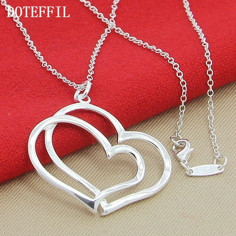 DOTEFFIL 925 Sterling Silver Double Heart Pendant Necklace 18 Inch Chain For Woman Fashion Wedding Engagement Charm Jewelry - Image 4