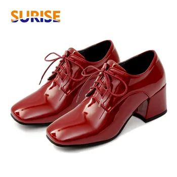 

Classic British Women Derby 6cm High Hoof Block Heel Pumps Square Toe Patent Leather Lace Up Casual Office Ladies Vintage Brogue
