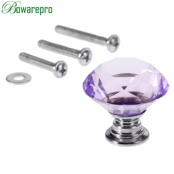 bowarepro Diamond Crystal Glass filing cabinet furniture hardware Pull Handle handle kitchen Handles knob3Pcs Screws 222530mm