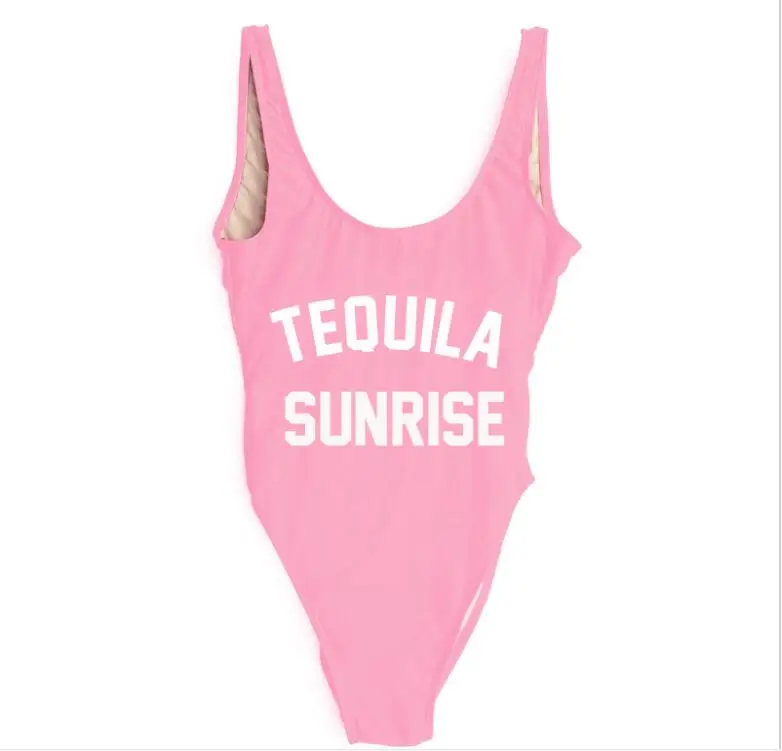 TEQUILA SUNRISE Funny Letters Women Swim suit Sexy Low Back High Cut