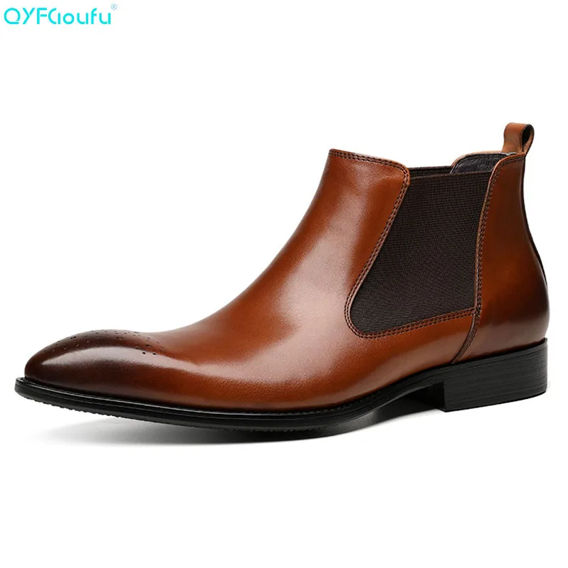 

Fashion Business Personality High Top Ankle Boots Men Pointed Toe Dress Boots Genuine Leather Slip-on Work Boots Shoes