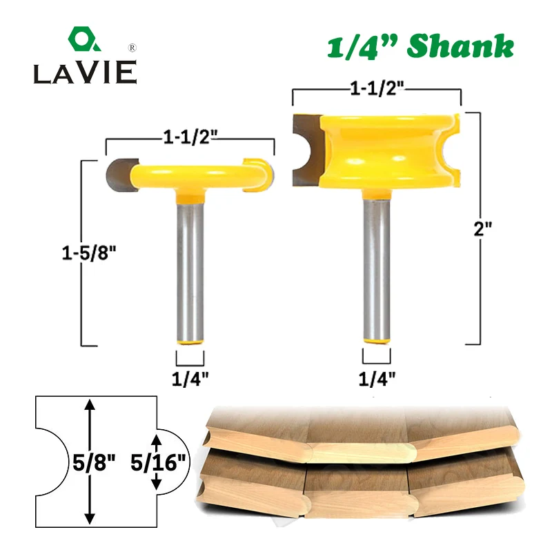 

2pcs 1/4" Shank Arc T-Shaped Tenon Router Bit Flute and Bead Cutters Woodworking T Slot Bits Set Milling Cutter for Wood 01003-1