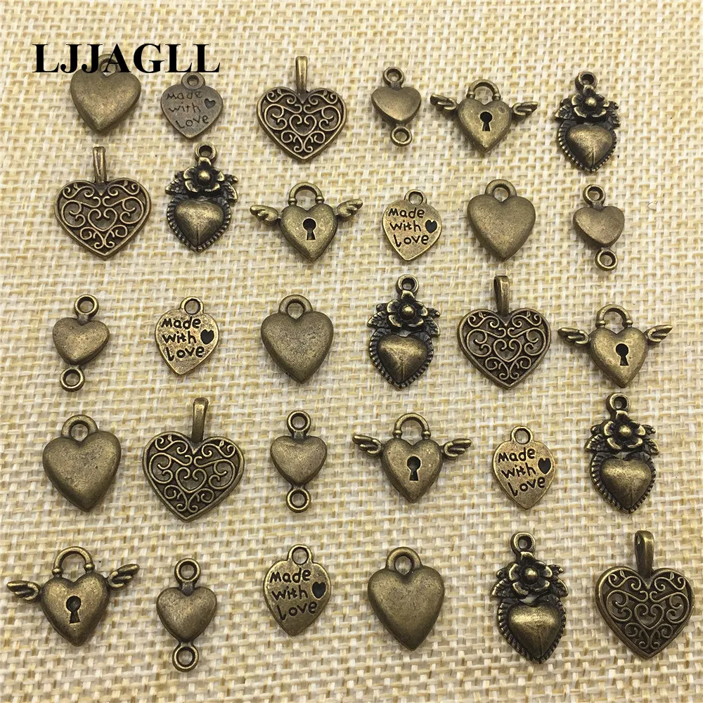 LJJAGLL 20 шт бронзовые металлические микс 6 видов подвески в виде сердца ювелирные изделия Diy амулет, сердечко Любви Ювелирных изделий подходит для изготовления браслетов AAX015