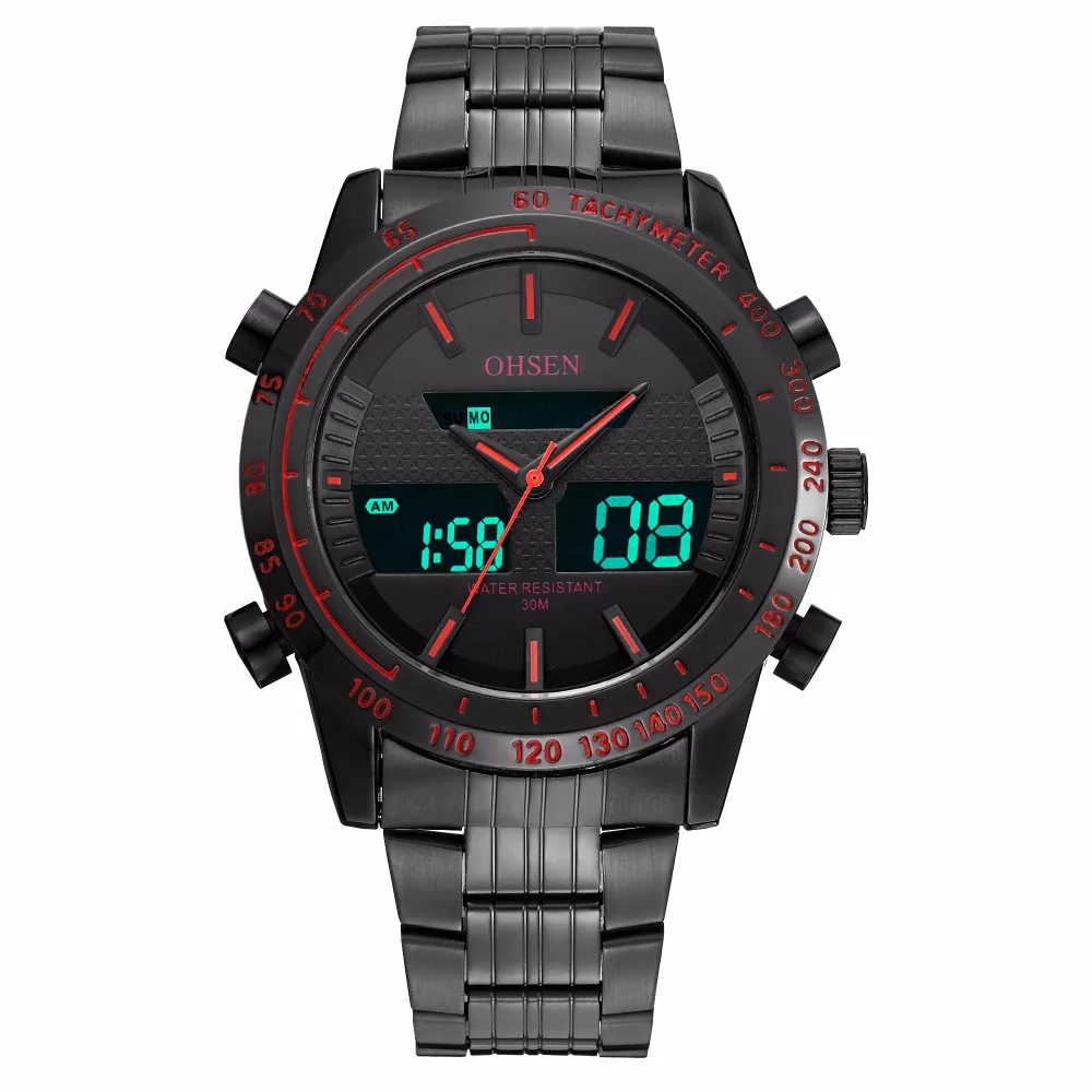 OHSEN Dual time кварцевые мужские часы многофункциональные черные водонепроницаемые