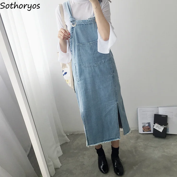 

Dress Women Denim Solid Simple All-match Sleeveless Pockets Dress Womens Cotton Sweet Trendy Chic Mid-calf Kawaii Korean Style