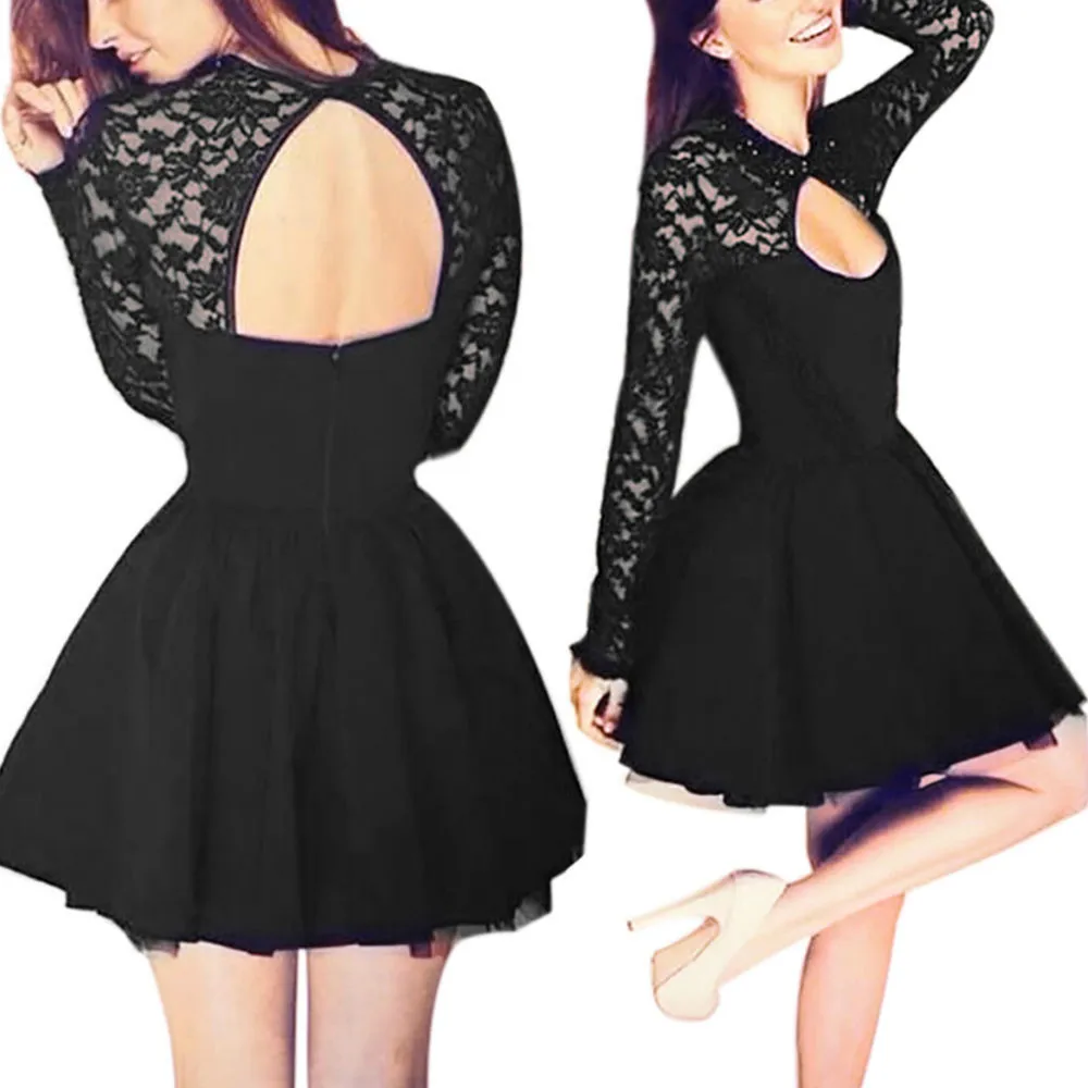 Sexy Open Back Black Women Summer Casual Dress Long Sleeve Stitching