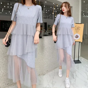

2019 spring and summer new fairy mesh skirt mosaic retro pregnant women Slim irregular cake skirt dress pregnancy skirt