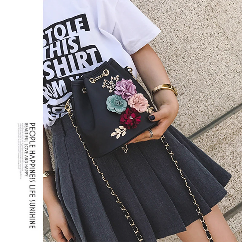 Модная новая женская сумка, модная однотонная сумка-мешок с цветами, маленькая свежая сумка через плечо(черная