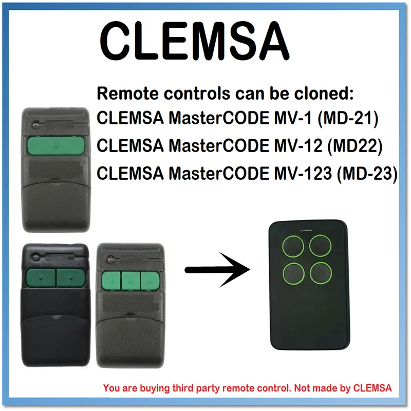 

MANDO GARAJE COMPATIBLE CON CLEMSA MASTERCODE MV-1 MV 1 MV-12 MV 12 123. (1M3Ve)