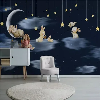 

Nordic minimalist hand-painted cartoon rabbit sky night children's room background wall cloth custom wallpaper mural