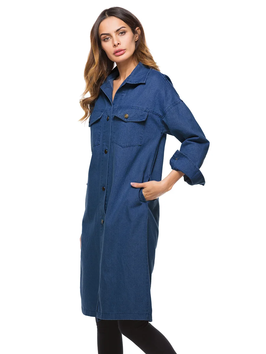 pu Femelle Tranchée Hiver Taille Manches Tops Lâche Longue Manteau long Une Ciel Bleu Salopette Automne Occasionnel Bleu 2018 Femmes X Denim qHwCWP