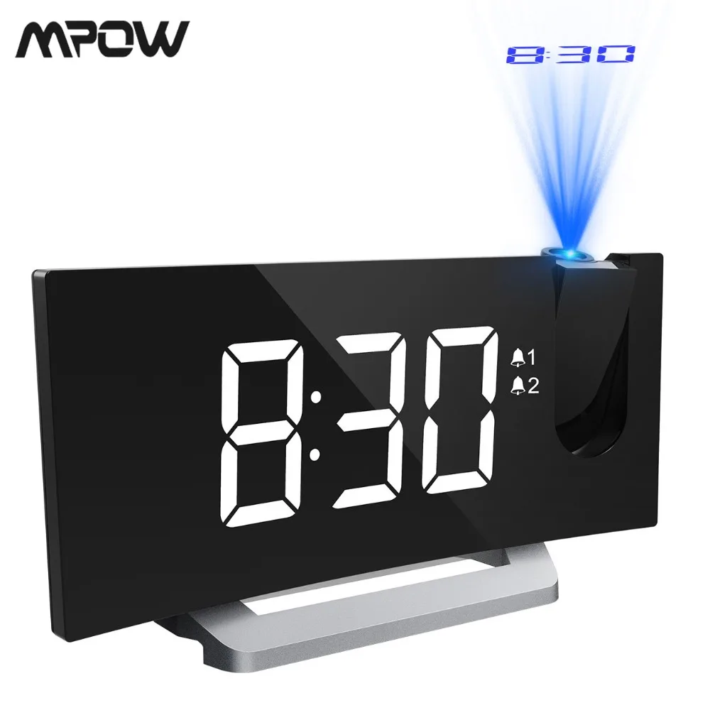 

MPOW LED Projection Dual Alarm Clock 5-inch LED Curved Screen 4 Alarm Sounds 9-Minute Snooze Function Sleep Timer and FM Radio