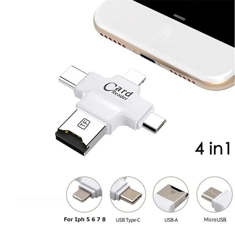 4 в 1 тип-c/8pin/Micro USB/USB 2,0 считыватель карт памяти Micro SD кардридер для Android Ipad/iphone 7 plus 6s5s OTG кардридер