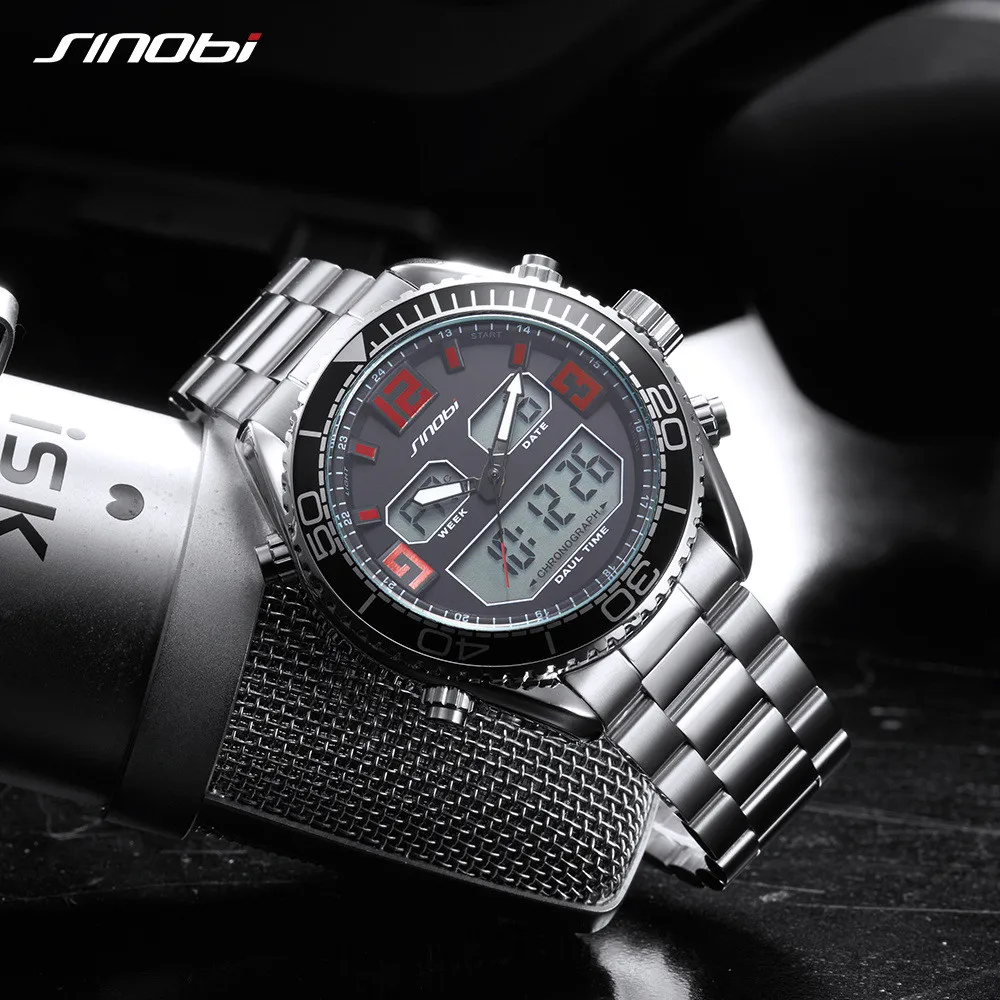 

New Men Watches Clock Sports Solar LED Dual Display Steel Strap Quartz Wrist Watch for Boy Stainless Steel Strap Men's Watch LD