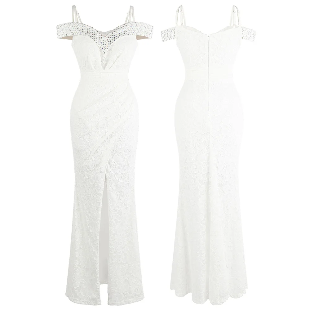 Angel-Fashion женские кружевные плиссированные вечерние платья с бисером и вырезом лодочкой, Длинные вечерние платья с разрезом, 439 - Цвет: White