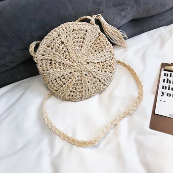 

3 Colors Summer Women Cross Body Bag Round Circular Rattan Wicker Straw Woven Beach Basket Storage Bags