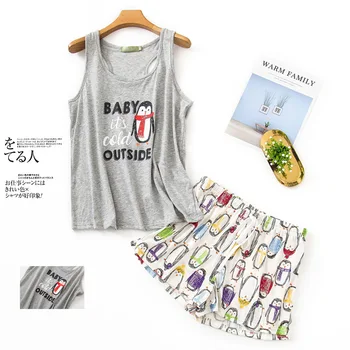 

Women's pajama sets sleeveless grey beige color with cute penguin printed round neck cotton causal pajama sets hot selling