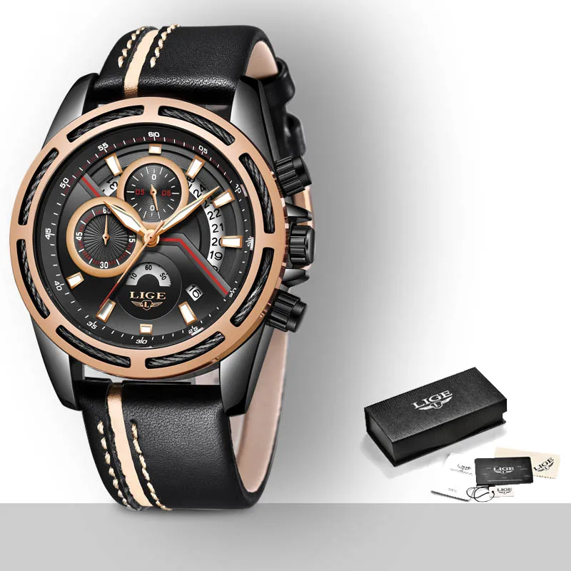 Black rose gold Новые LIGE мужские часы Топ бренд класса люкс синие военные спортивные часы мужские кожаные водонепроницаемые часы кварцевые часы Relogio Masculino - Цвет: Black rose gold