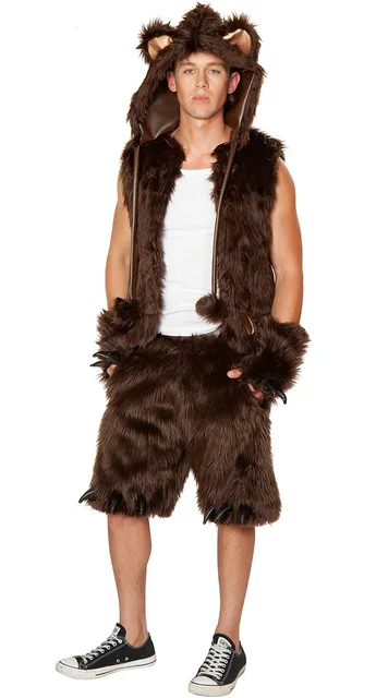 Sexy Mens Furry Brown Bear Costume Halloween Fancy Dress Costume 