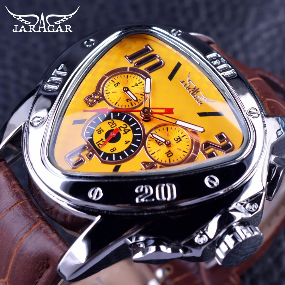 Prix pour Jaragar Sport Design De Mode Géométrique Triangle Cas Brun Bracelet En Cuir 3 Cadran Montre Homme Top Marque De Luxe Montre Automatique Horloge Prix pour Jaragar Sport Design De Mode Géométrique Triangle Cas Brun Bracelet En Cuir 3 Cadran Montre Homme Top Marque De Luxe Montre Automatique Horloge