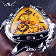 Jaragar Sport Vogue Design Geometric Triangle Case Brown Leather-based Strap Three Dial Males Watch Prime Model Luxurious Automated Watch Clock