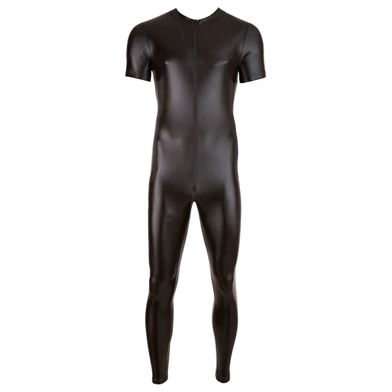 Plus Size 3XL Black Leather Jumpsuit Men Front Zipper Turtleneck Short Sleeve Long Catsuit Gay Nightclub Party Wear Bodysuit (4)