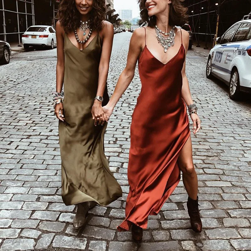 

Sexy Maxi Satin Dress Summer Women Spaghetti Strap V Neck High Waist Slit Backless Long Dress Women vestidos Mujer Robe Pull