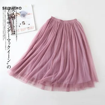

SEDUTMO 2018 Tulle Skirts Women Pleated Elastic High Waist Skirt Vintage Lace Classic Midi Tutu Ball Gown Skirt ED187