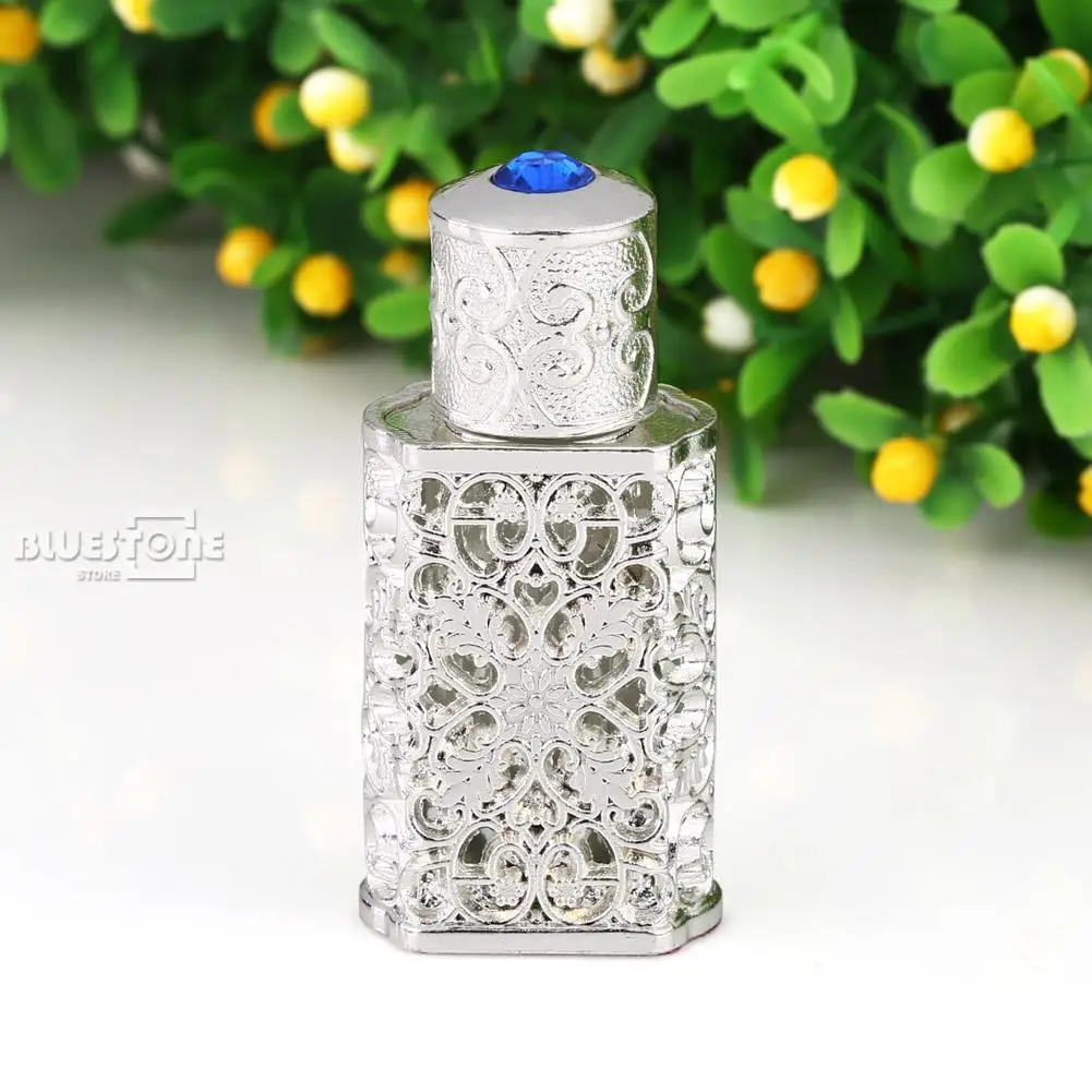 

Vintage Hollow Out Metal Cut Glass Perfume Bottle Empty Stopper Wedding Gift 2ml