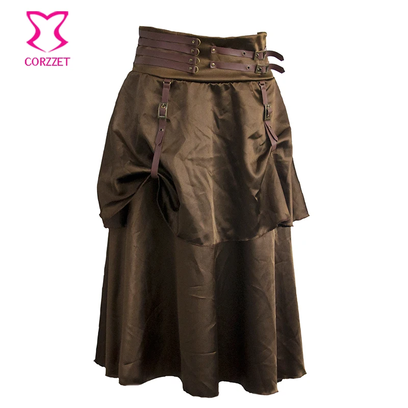 Коричневый Атлас псевдостаринные юбки с поясом и двухслойные женские заниженные юбки в готическом стиле Одежда для бурлеска