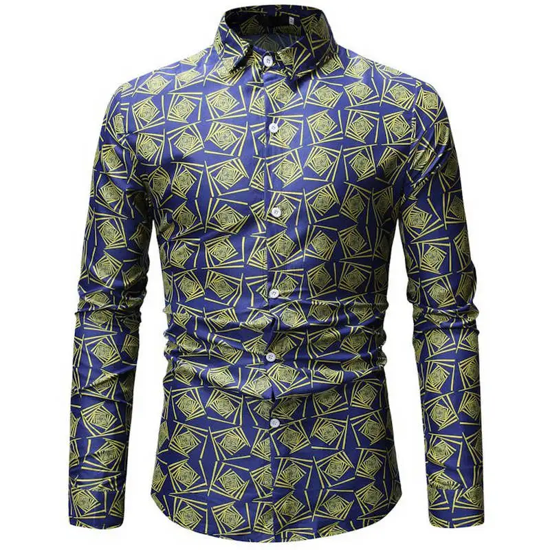 Новинка, весенне-летние мужские рубашки с цветочным принтом, приталенные мужские рубашки с этническими цветами и длинным рукавом, повседневные Модные мужские топы - Цвет: ML24 blue