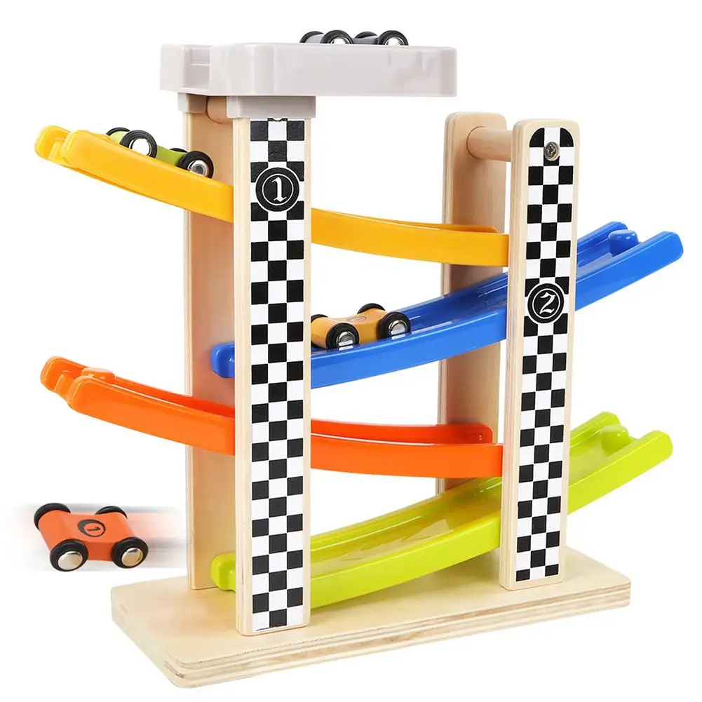 

HobbyLane Kids Wooden Race Track Car 5 Layers Colorful Wood Ramp Racer Toys with 4 Mini Cars for Boys Girls Children Gift