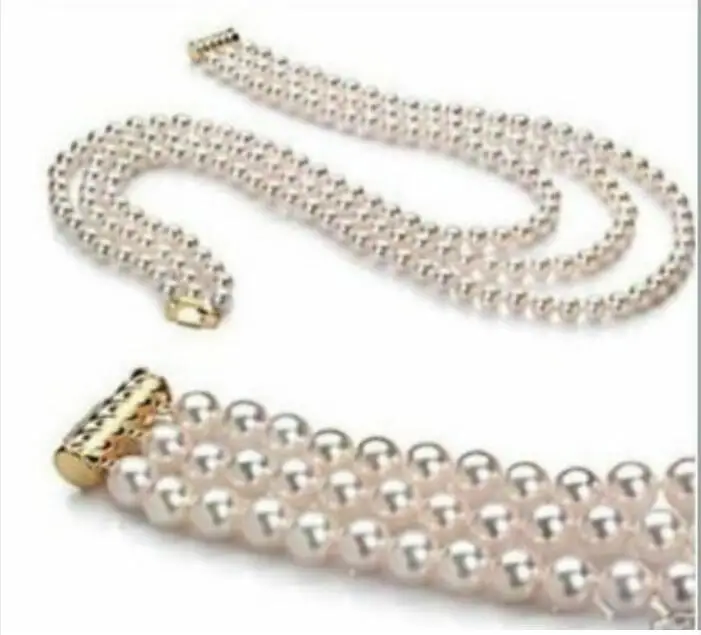 

triple strands 6-7mm natural white pearl necklace 18-20 inch Bracelet 8" set