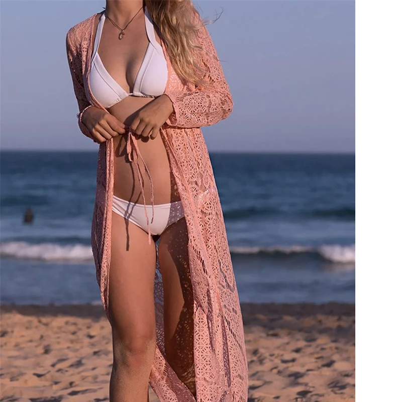 

Beach Style Boho Beach Cover Up Cardigan Women Lace Long Blouse Tunics Tops Summer Long Sleeve Blusas Shirts Beachwear Sundress